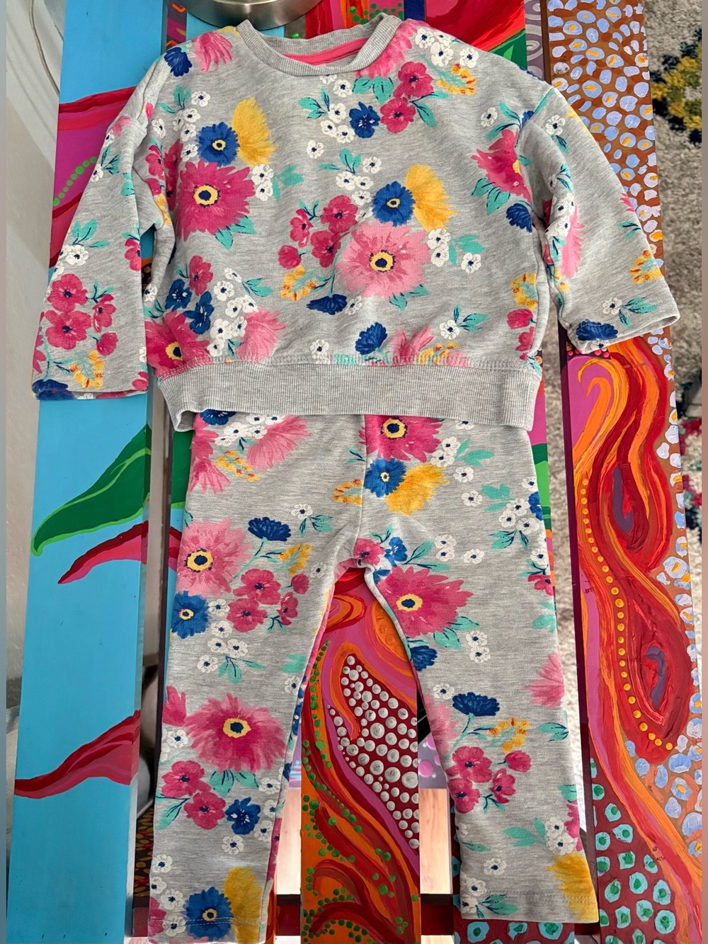 H&M Gray Floral Two-Piece Pajama Set with Pink, Blue & Yellow Flowers